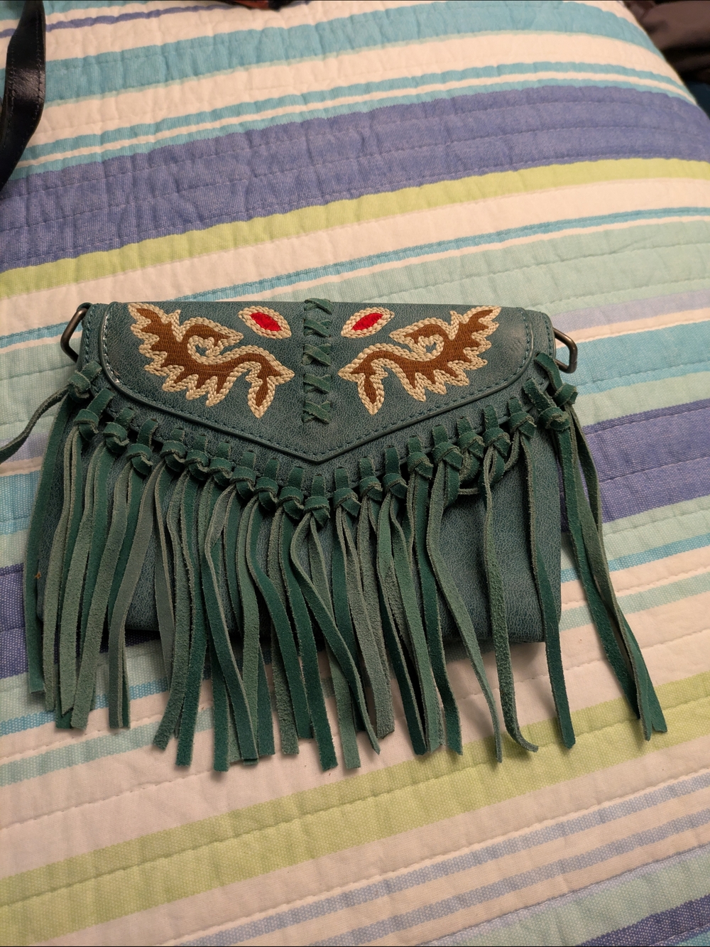 Wrangler Green Suede Fringe Crossbody Bag with Embroidered Accents